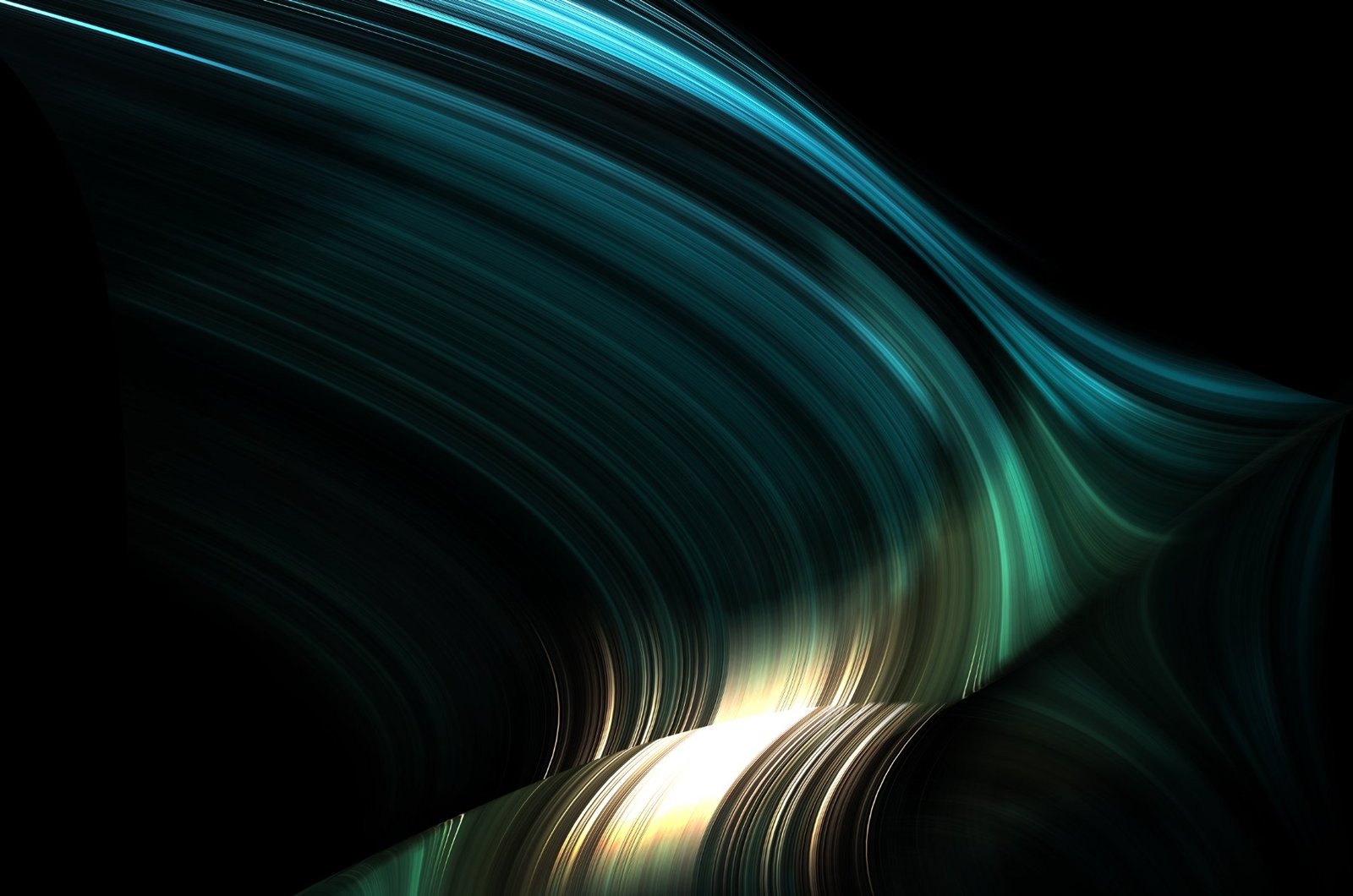 Abstract sweep of teal, green and golden light lines on black