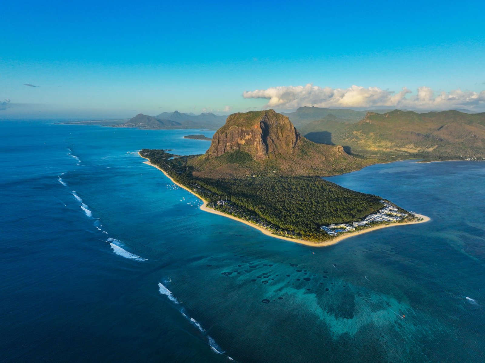 Aerial view of Le Morne peninsula and lagoon, Mauritius