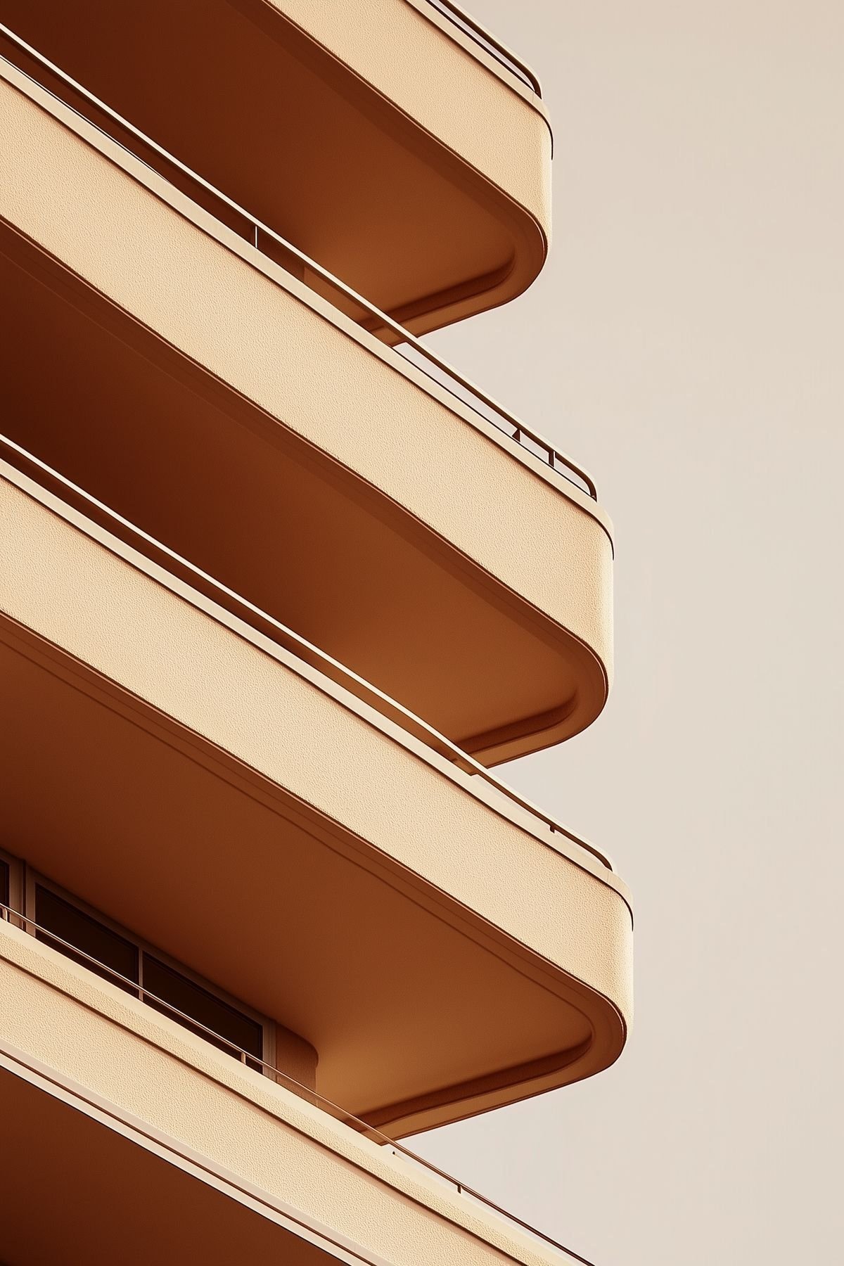 Curved cream balconies of a modern building against a pale sky